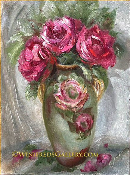 Vintage Estate Original Oil PAINTING PINK RED ROSES IN VASE ~W. HADA